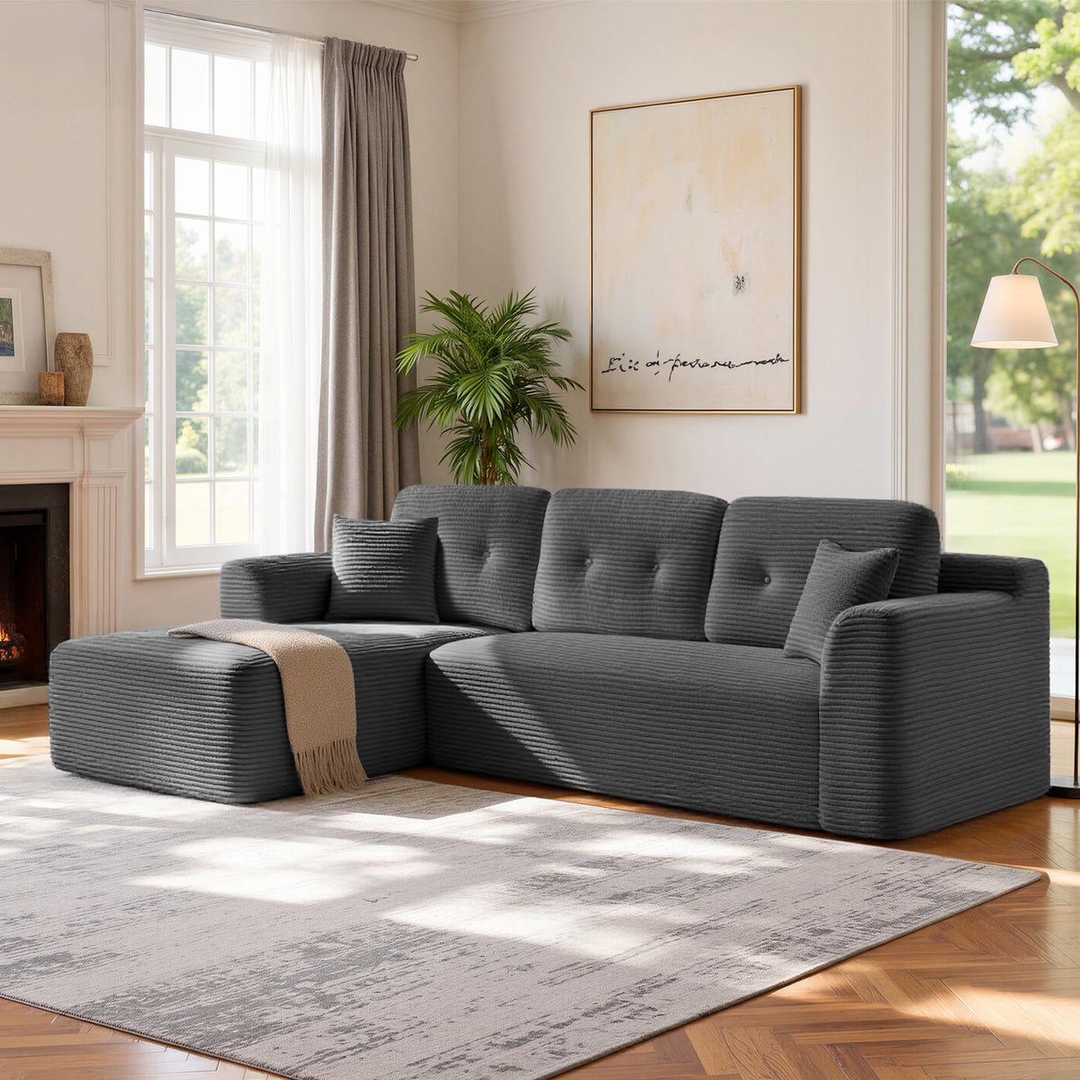 VASAGLE Sofá con Chaise Longue, Esquinero de Pana, Diseño Modular de 3 Plazas, 242 x 152 x 73 cm, Negro, para Salón, Colección Camila LCS183B101