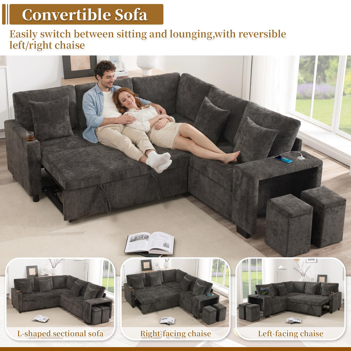 Sofá esquinero extensible en forma de L con puerto USB y portavasos, sofá cama de 4 plazas con función cama, sofá convertible con espacio de almacenamiento y reposabrazos, cojines, chenilla