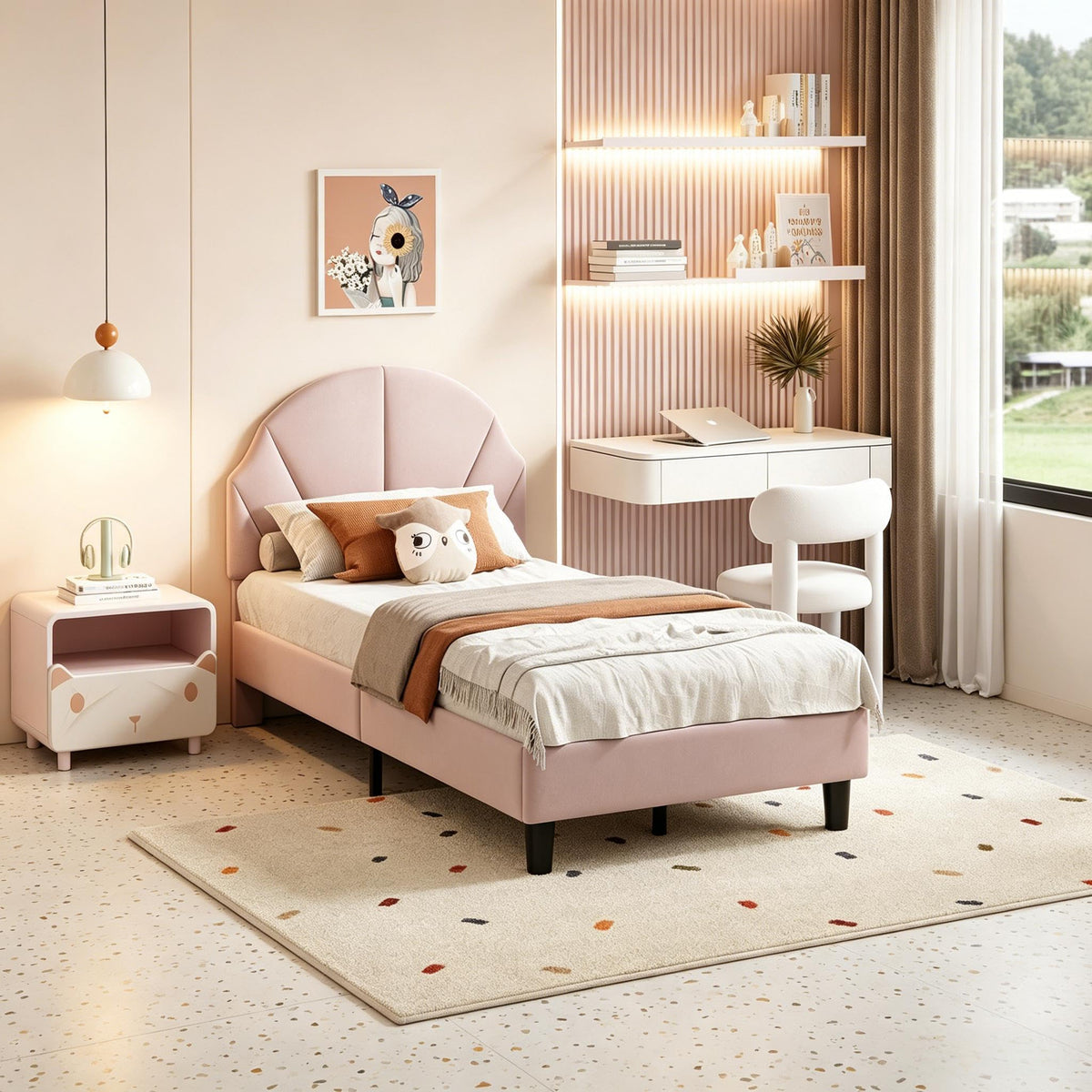 Cama Infantil tapizada 140 x 200 cm con LED, Cama tapizada para niños 140 x 200 con cabecera Ajustable Marco de Camas, Camas de Princesa para Niña en Forma de Corona con Somier(Rosa, 140 x 200)