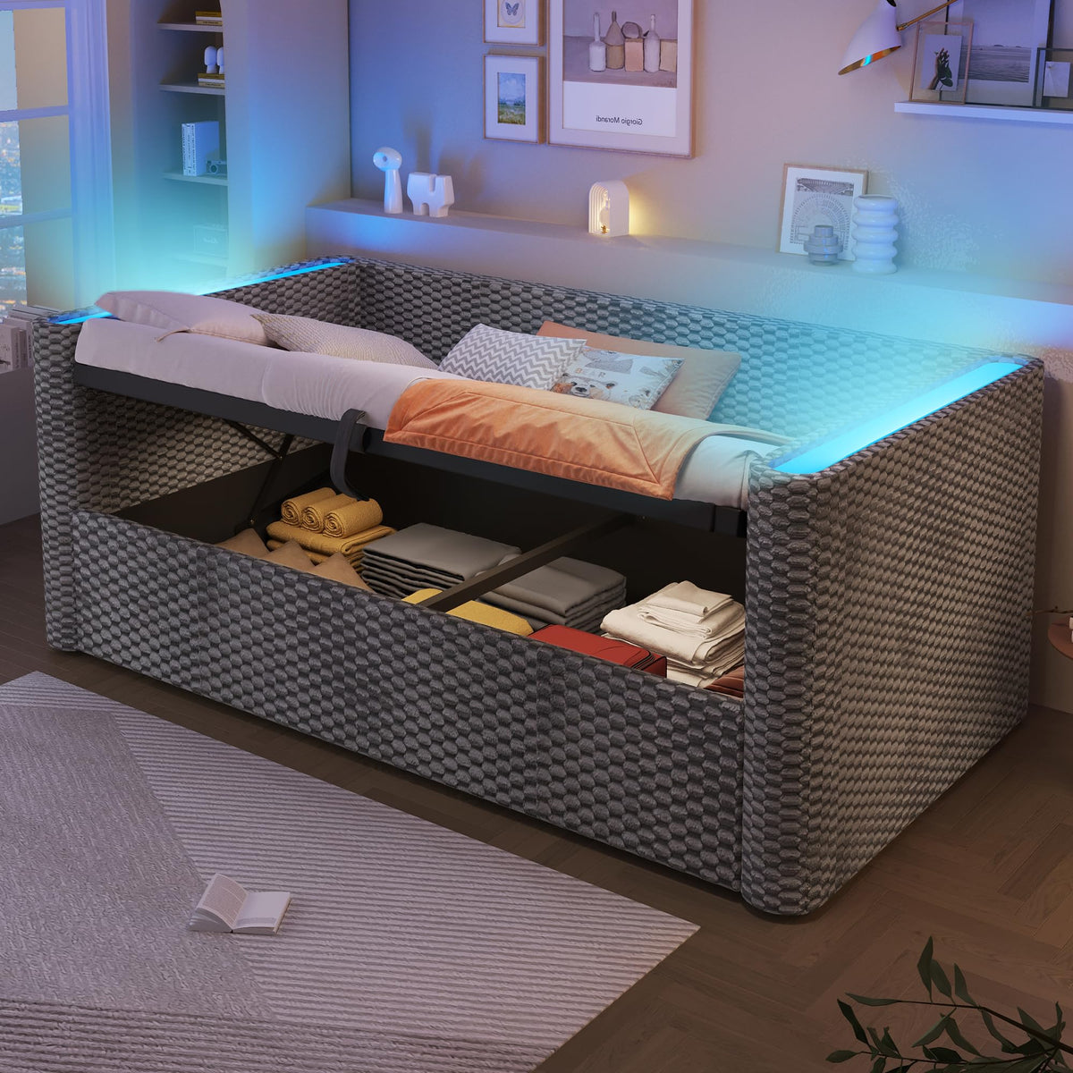 Moimhear Cama de día, diván cama, sofá cama, diseño de cama extensible multifuncional con tira de luz LED, somier de listones (sin colchón), terciopelo (beis, 90 x 200 cm+180 x 200 cm)