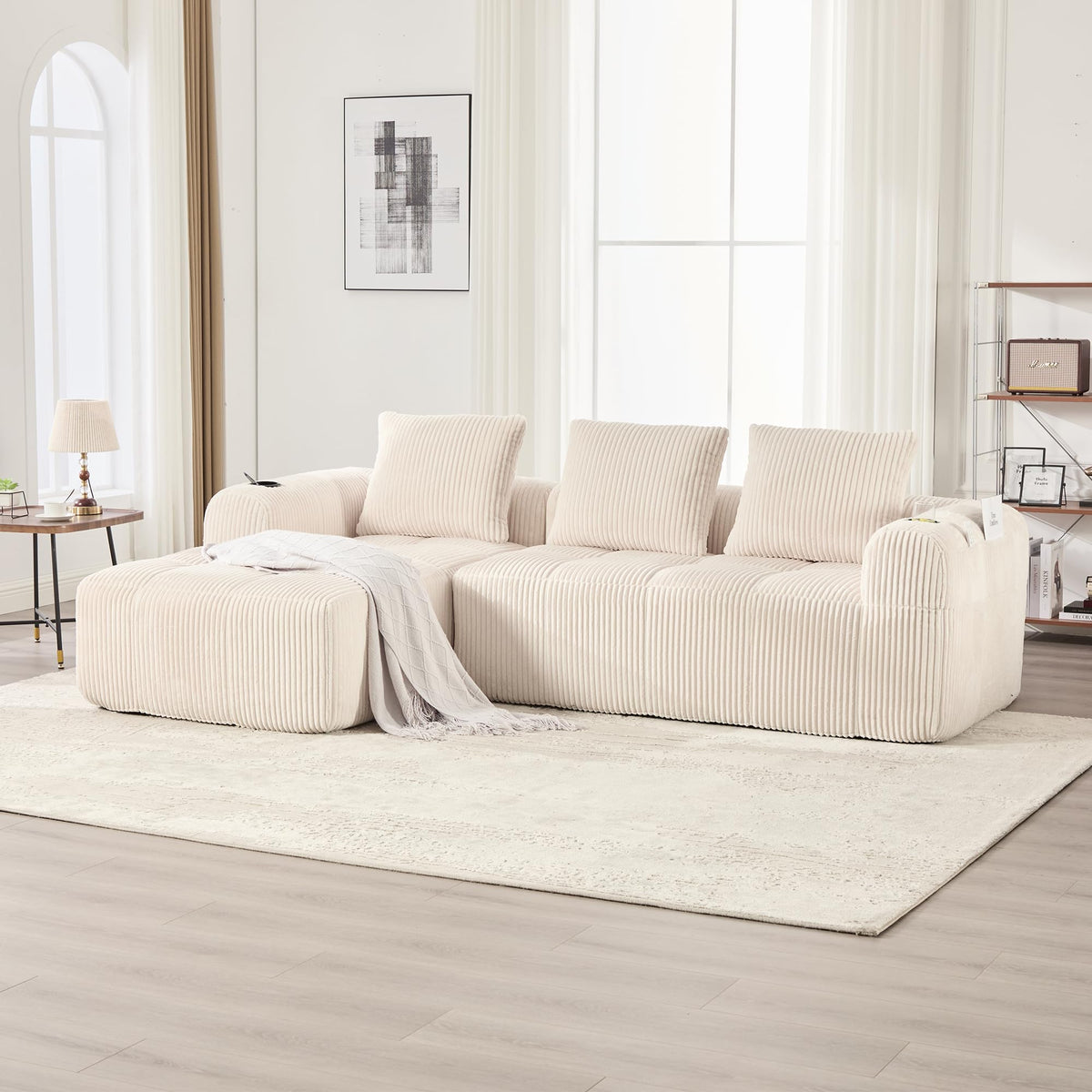 Dolamaní Sofá compacto de 3 plazas de pana con 3 cojines, sofá esquinero en forma de L con función de dormir, suave y modular, asiento extraprofundo, sin montaje, para salón (gris oscuro)