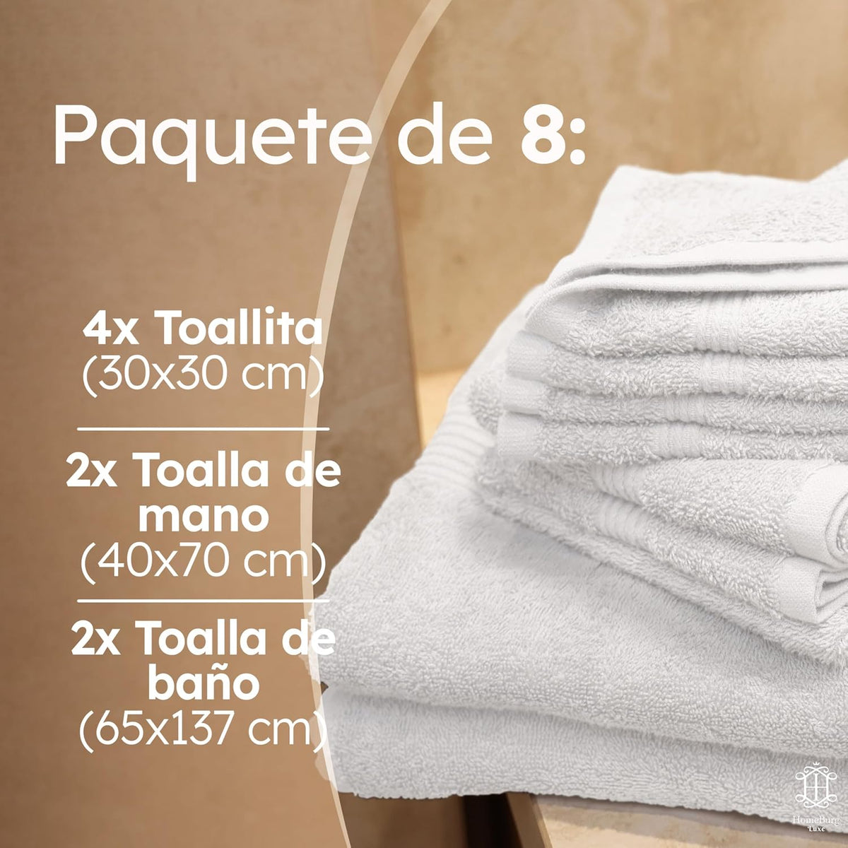 Luxe Set de Toallas 100% Algodón - 8 Piezas, 3 tamaños (30×30, 40×70 y 65×137 cm) - Suaves, absorbentes y de fácil Cuidado, Blanco