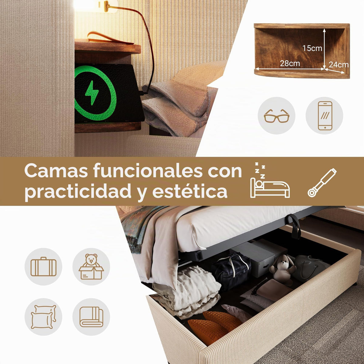 Camas Matrimoniales 160x200 con Cabecero Extendido y Espacio de Almacenaje Hidráulica, Cama Matrimonio con Lámpara de Lectura, Cama Doble con Puerto USB y Tipo C, Lino, Gris, Sin Colchón