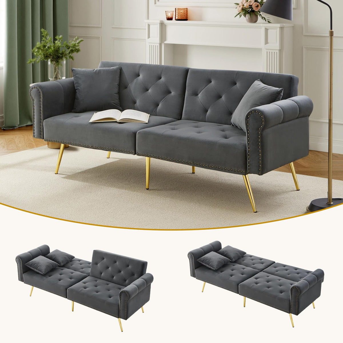 Sofá cama con esquinas ajustables, patas doradas, almohadas y bolsillos laterales para almacenamiento (Bavia)