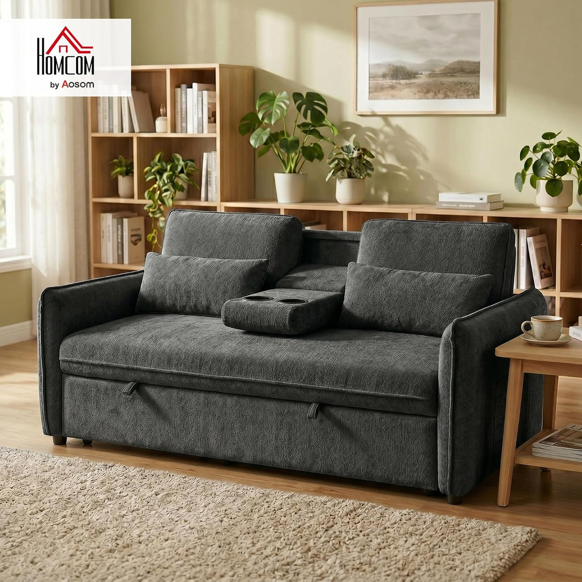 HOMCOM Sofá Cama 2 Plazas 3 en 1 Mesa Auxiliar 2 Almohadas Gris Oscuro