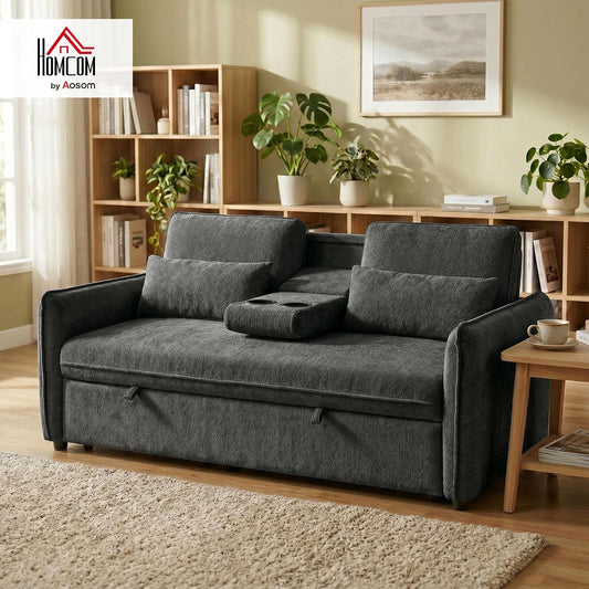 HOMCOM Sofá Cama 2 Plazas 3 en 1 Mesa Auxiliar 2 Almohadas Gris Oscuro