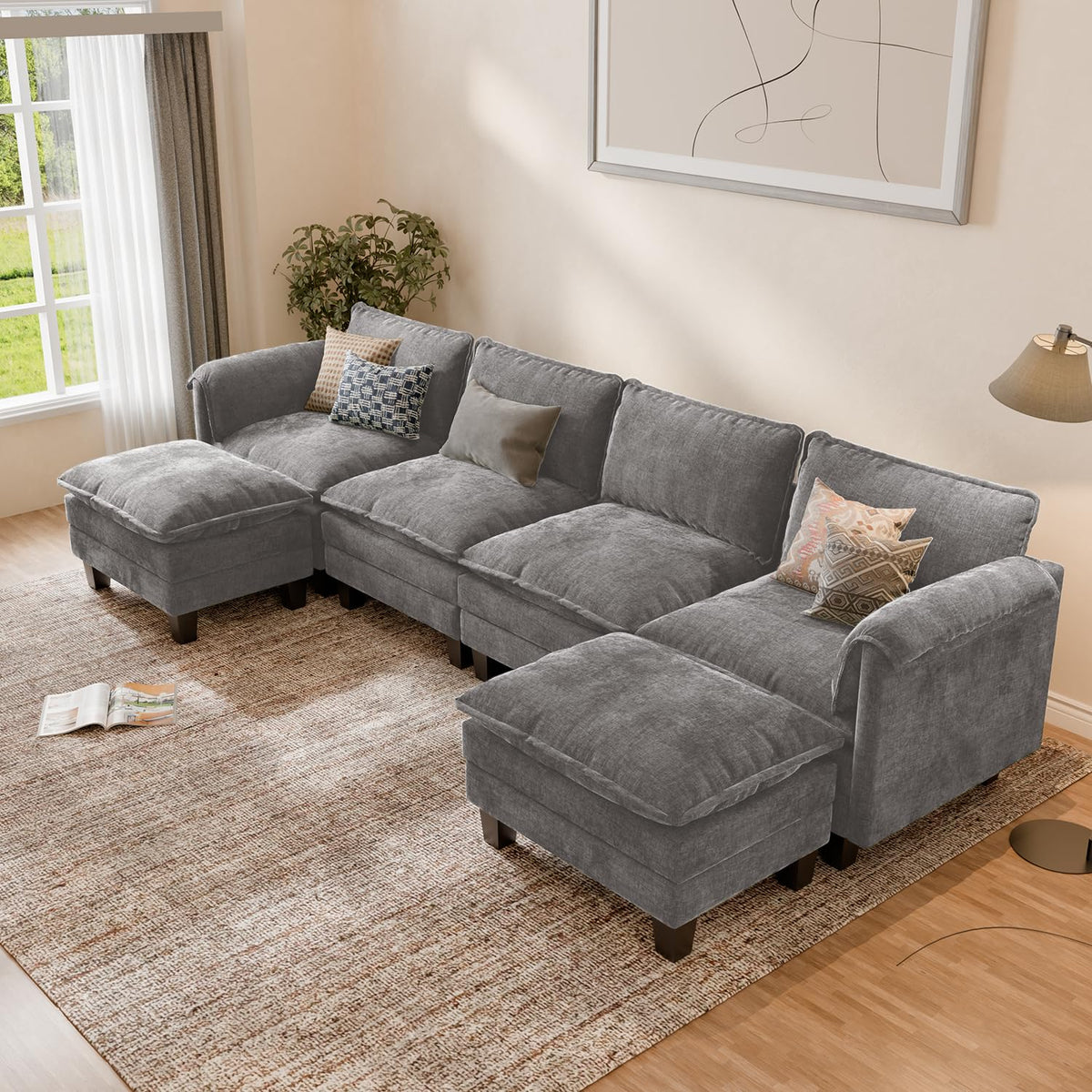 ELUCHANG Sofá Nube Modular 256cm, Sofá de 3 Plazas con Asiento Profundo 62cm, Montaje sin Herramientas, Sofá Moderno de Chenilla para Salón y Habitación, Gris Perla