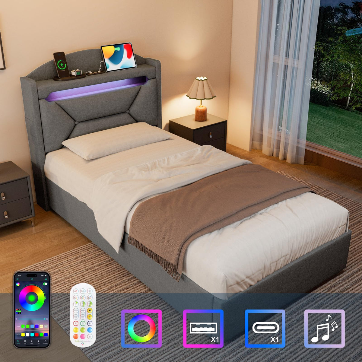 Cama 90x200 cm con Almacenamiento, Cama Individual con LED, Puertos USB y Type-C, Somier 90x200 Hidráulico, Camas Juveniles Camas Infantiles con Cabecero, Lino, Beige, Colchón No Incluido
