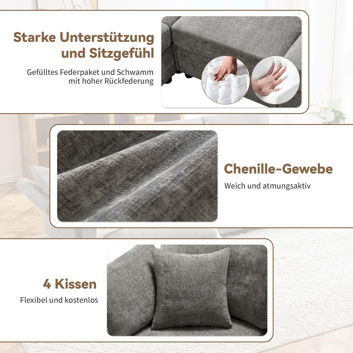 Sofá cama convertible de 3 plazas, sofá esquinero en forma de L con reposapiés, 4 almohadas, reposabrazos ajustables, cómoda tela de chenilla, adecuado para sala de estar, oficina, apartamento