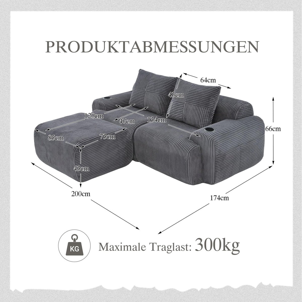 Sofá modular de 200 cm, sofá de 2 plazas con portabebidas y bolsillo de almacenamiento lateral, sofá comprimido de pana, sofá seccional para sala de estar y dormitorio