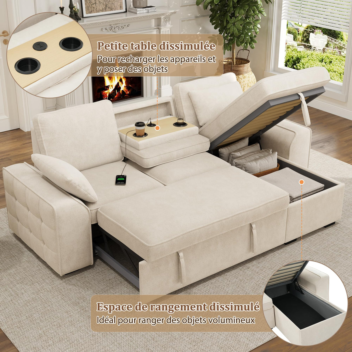 Sofá modular de 3 plazas con función cama extensible y USB/Type-C, sofá esquinero en forma de L con reposacabezas semifijos y compartimento de almacenamiento, sofás con chaise longue