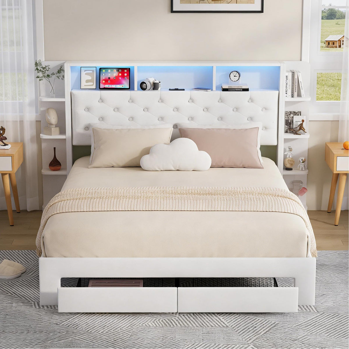 BRILVERDE Cama Tapizada 160x200 con Almacenamiento, Cama matrimonial con cajones, Cama Nido con LED, Cabecero Acolchado y Base de Láminas, Terciopelo (Beige, 160 x 200 cm)
