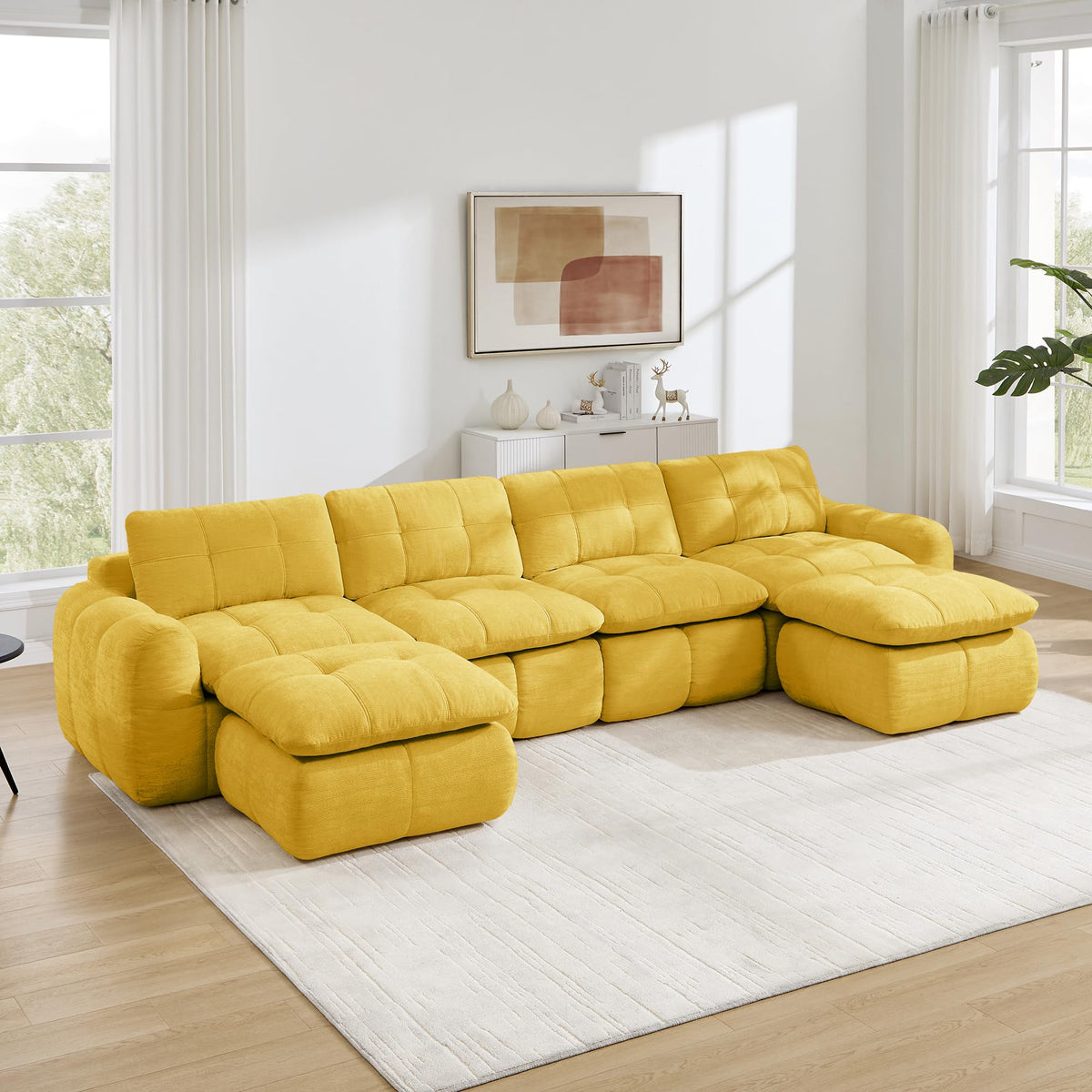 Sofá de 3 plazas con 1 taburete chenilla beige