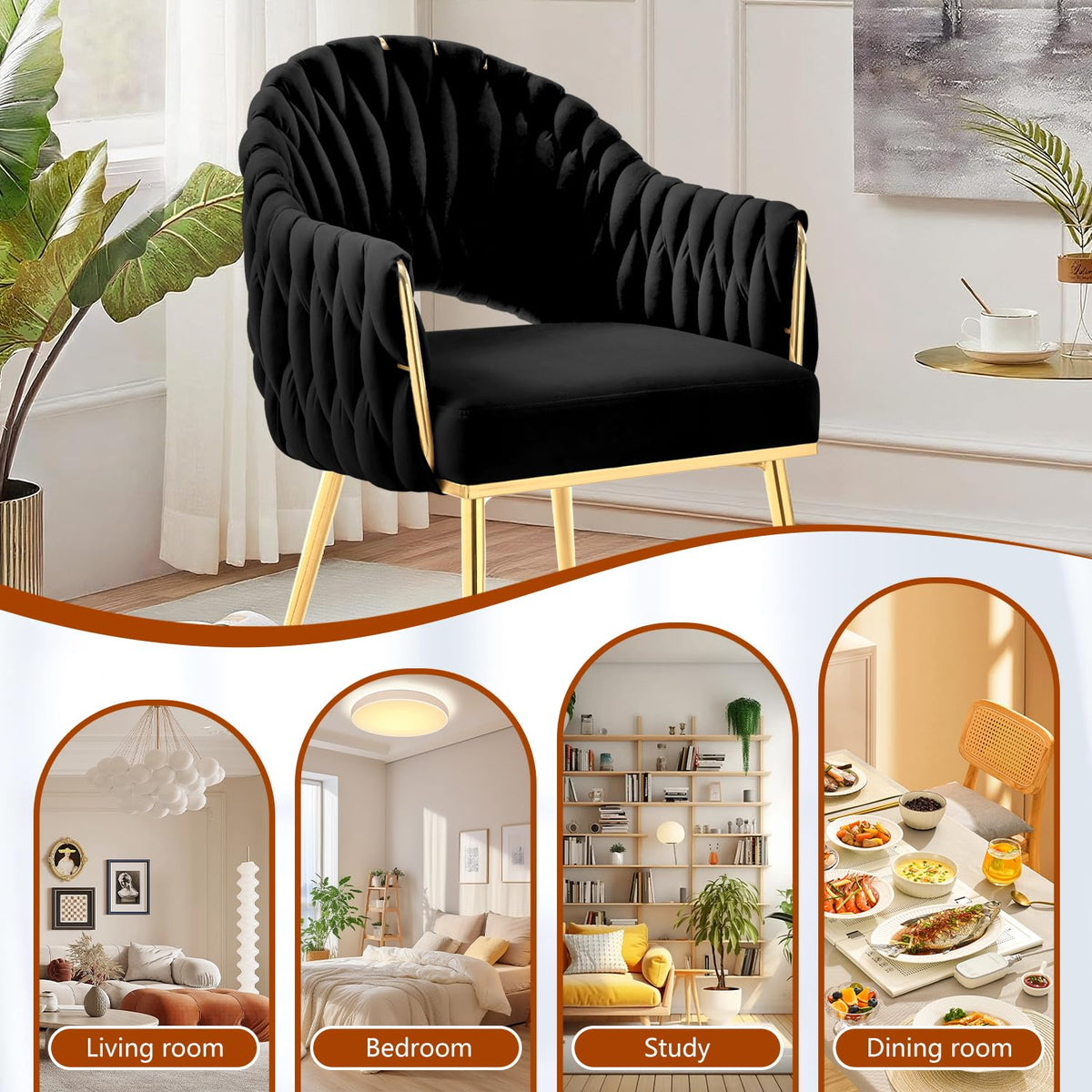 Juego de 4 sillas de comedor de terciopelo, sillones de salón, sillas de comedor con reposabrazos, sillas de cocina con respaldo alto trenzado a mano, silla de tocador con patas doradas