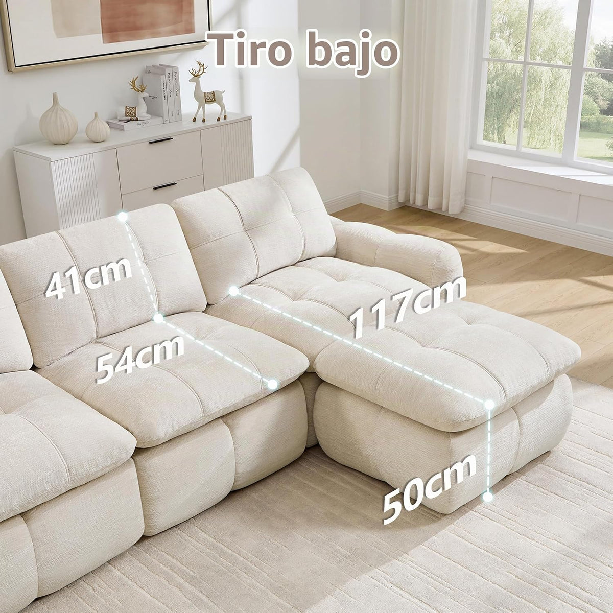Sofá de 3 plazas con 1 taburete chenilla beige