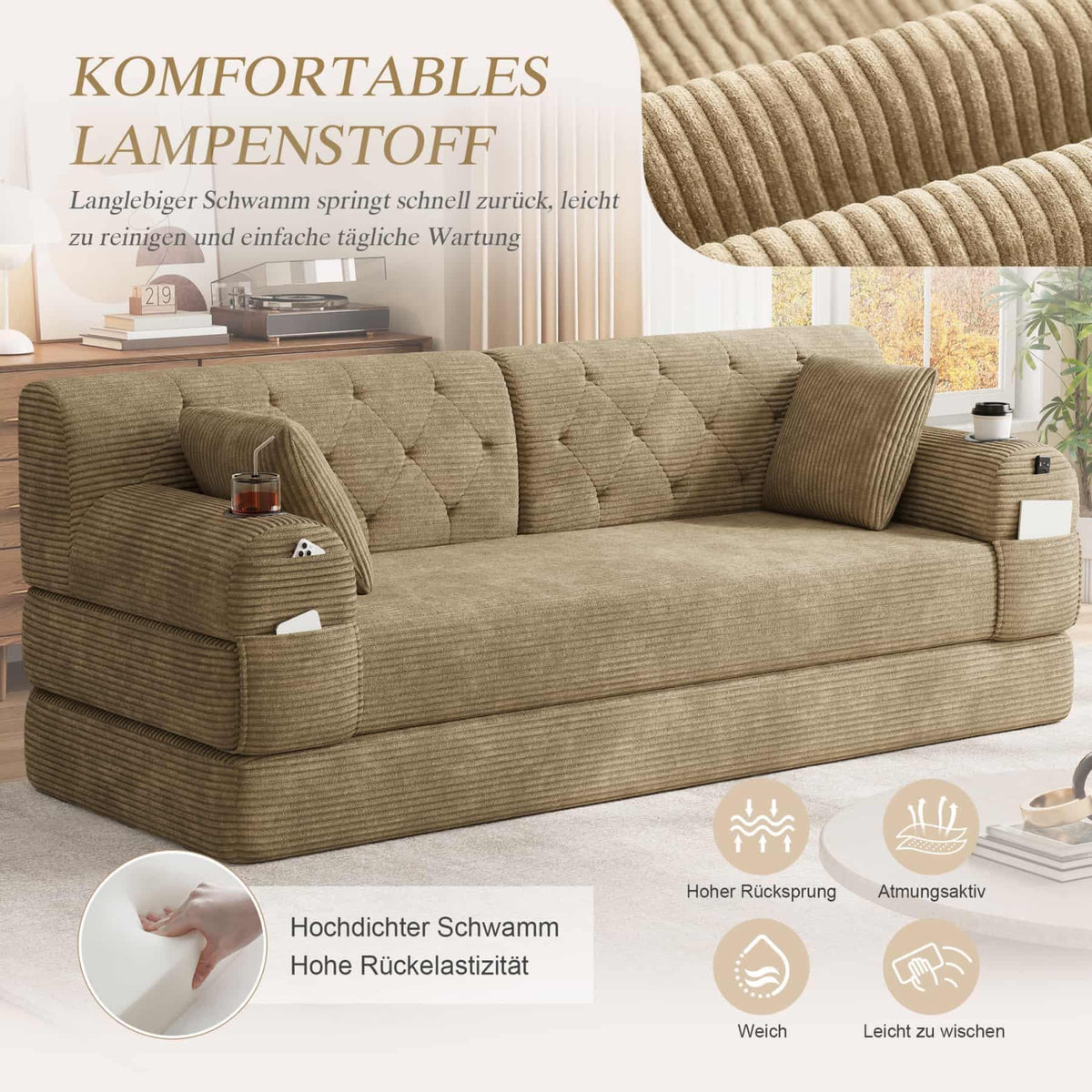 YEHTOKHOME - Sofá de Velor acanalado con respaldo alto y estructura metálica, sofá moderno de 2 plazas con 2 portavasos y 4 bolsillos laterales, para salón, dormitorio (Beige)