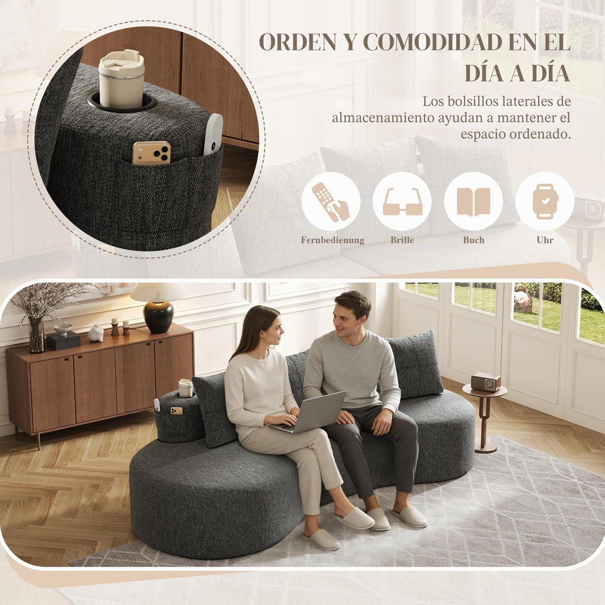 Bladez Sofá esquinero moderno curvado de 5 plazas, sofá modular de terciopelo, diseño curvado, cómodo sofá tapizado, cómodo sofá tapizado con cojines, adecuado para salón y apartamento, color blanco