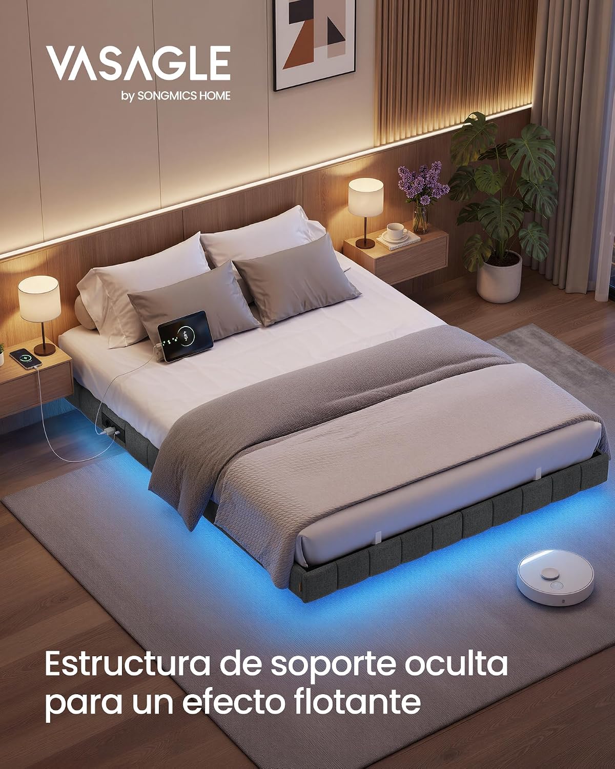 VASAGLE Marco de Cama Flotante, 140 x 200 cm, LED, 2 Tomas y 3 USB