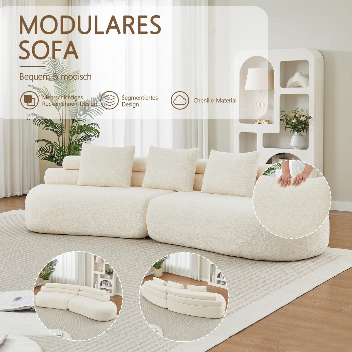 Bladez Sofá modular de 4 plazas chenilla sofá curvado en la nube gris