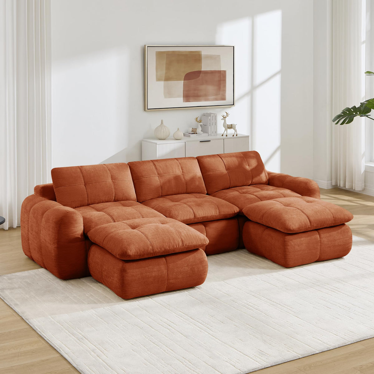 Sofá de 3 plazas con 1 taburete chenilla beige