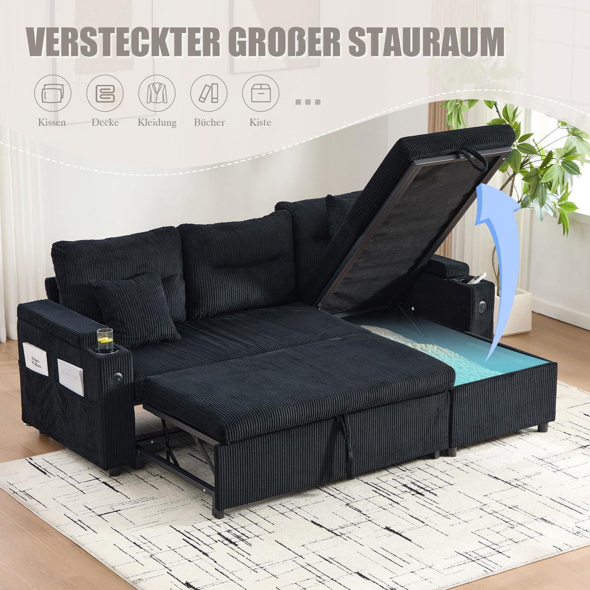Dolamaní Sofá moderno de 4 plazas de tela de lino con espacio de almacenamiento y función de dormir, sofá cama con cajonera extensible en forma de L para casa y salón (beige B)
