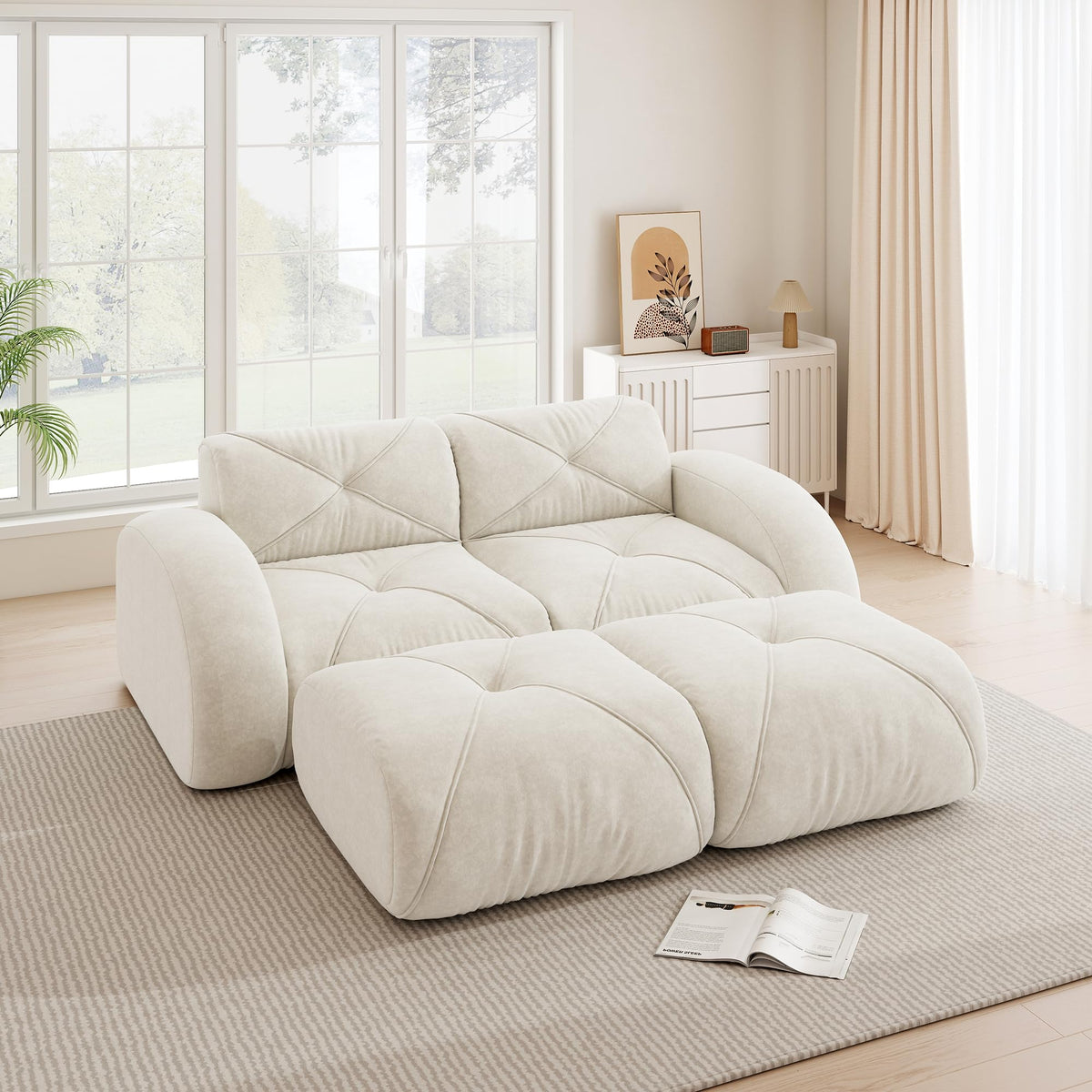 Sofá de esquina en forma de L de 4 plazas con reposapiés, sofá modular Cloud sin marcos de chenilla, sofá de estar suave, antideslizante, combinable de forma flexible, sin montaje, salón color