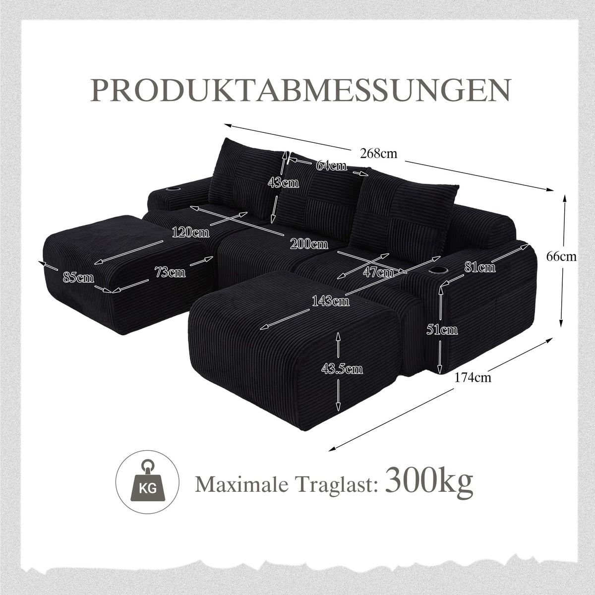 Sofá modular de 200 cm, sofá de 2 plazas con portabebidas y bolsillo de almacenamiento lateral, sofá comprimido de pana, sofá seccional para sala de estar y dormitorio