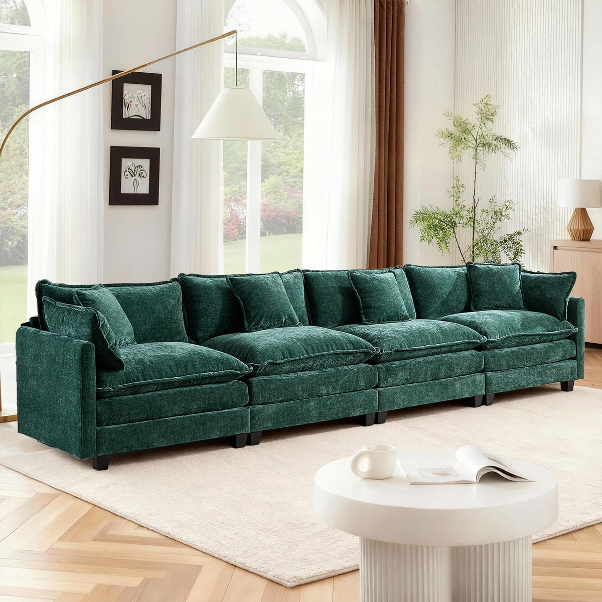 Sofá de salón modular 4 plazas 380cm, chenilla azul con cojines dobles