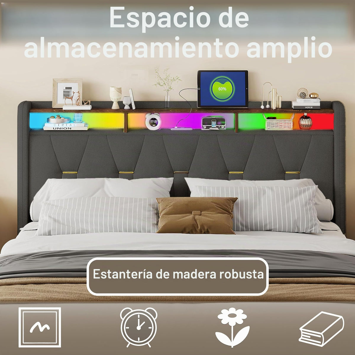 Estructura de Cama de Cuero 160x200cm con Carga USB Type-C, Blanco