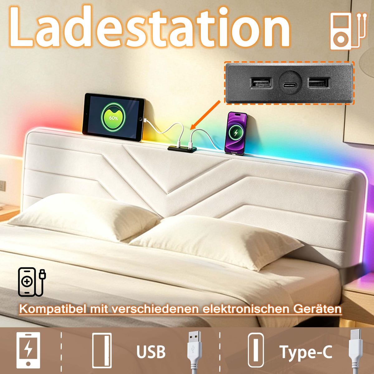 Armazón de Cama de Cuero 140x200cm con luz LED, Blanco