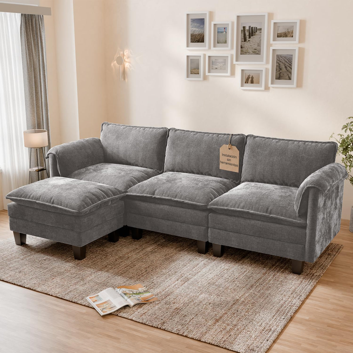 ELUCHANG Sofá Nube Modular 256cm, Sofá de 3 Plazas con Asiento Profundo 62cm, Montaje sin Herramientas, Sofá Moderno de Chenilla para Salón y Habitación, Gris Perla
