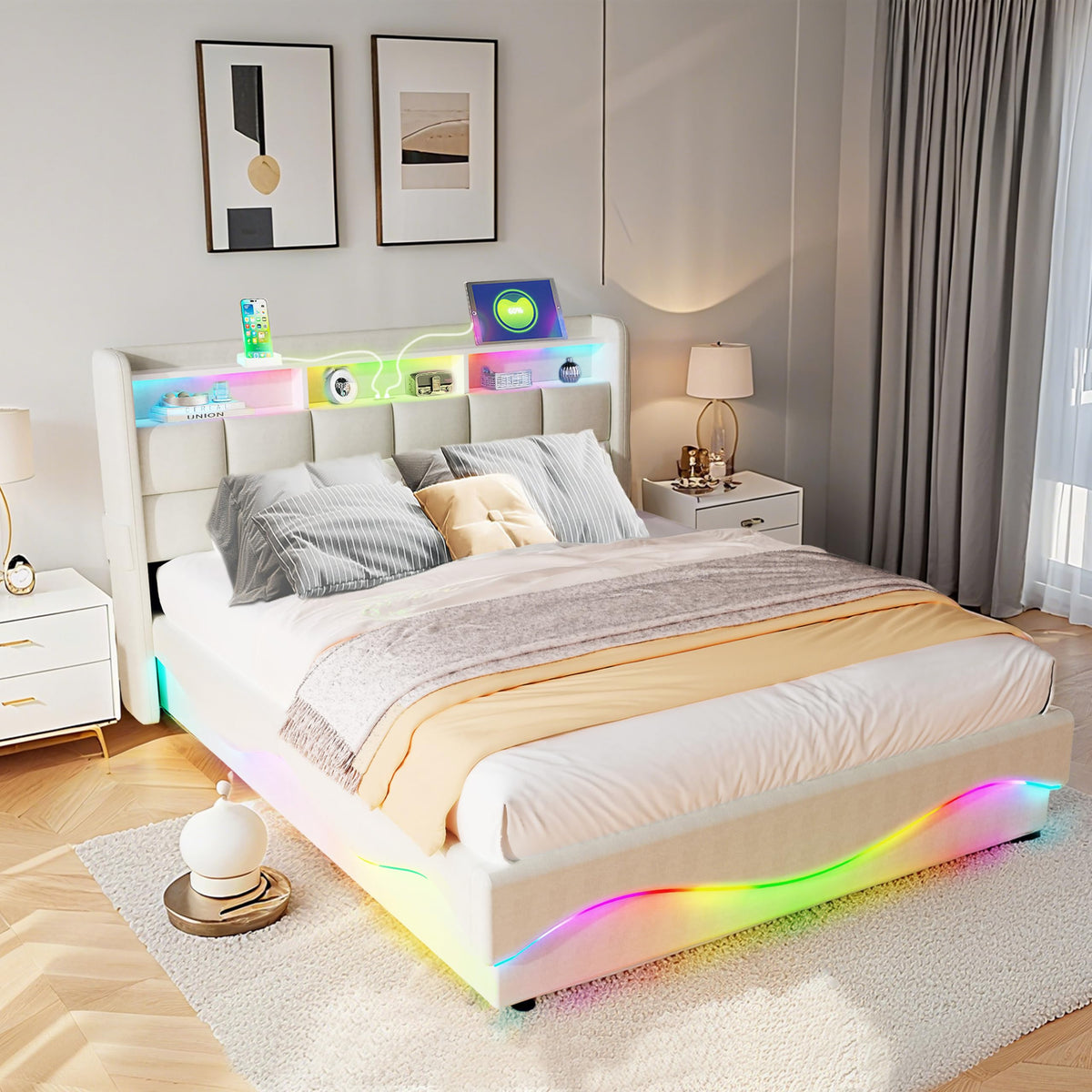 Estructura de Cama de Cuero 160x200cm con Carga USB Type-C, Blanco