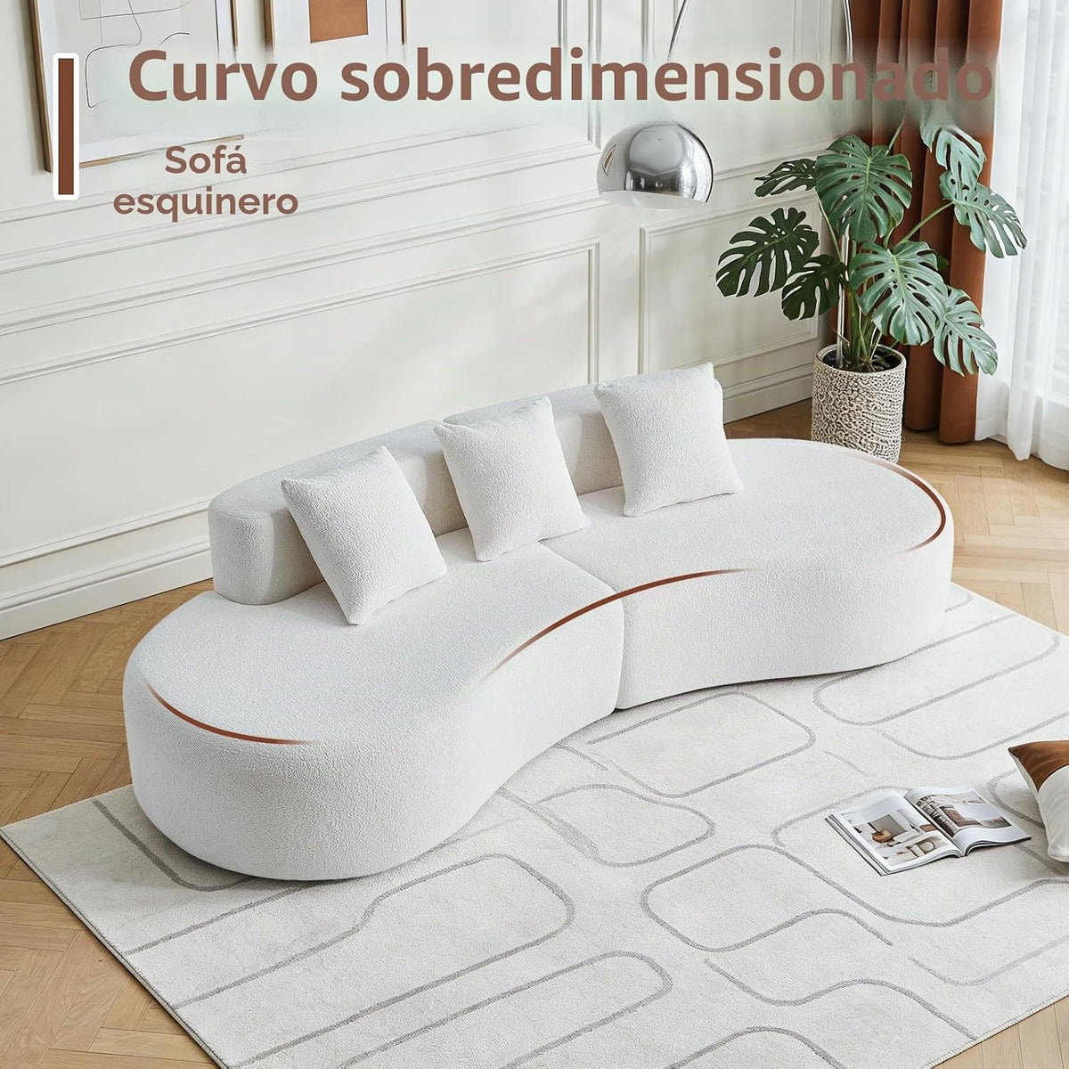 Bladez Sofá esquinero moderno curvado de 5 plazas, sofá modular de terciopelo, diseño curvado, cómodo sofá tapizado, cómodo sofá tapizado con cojines, adecuado para salón y apartamento, color blanco