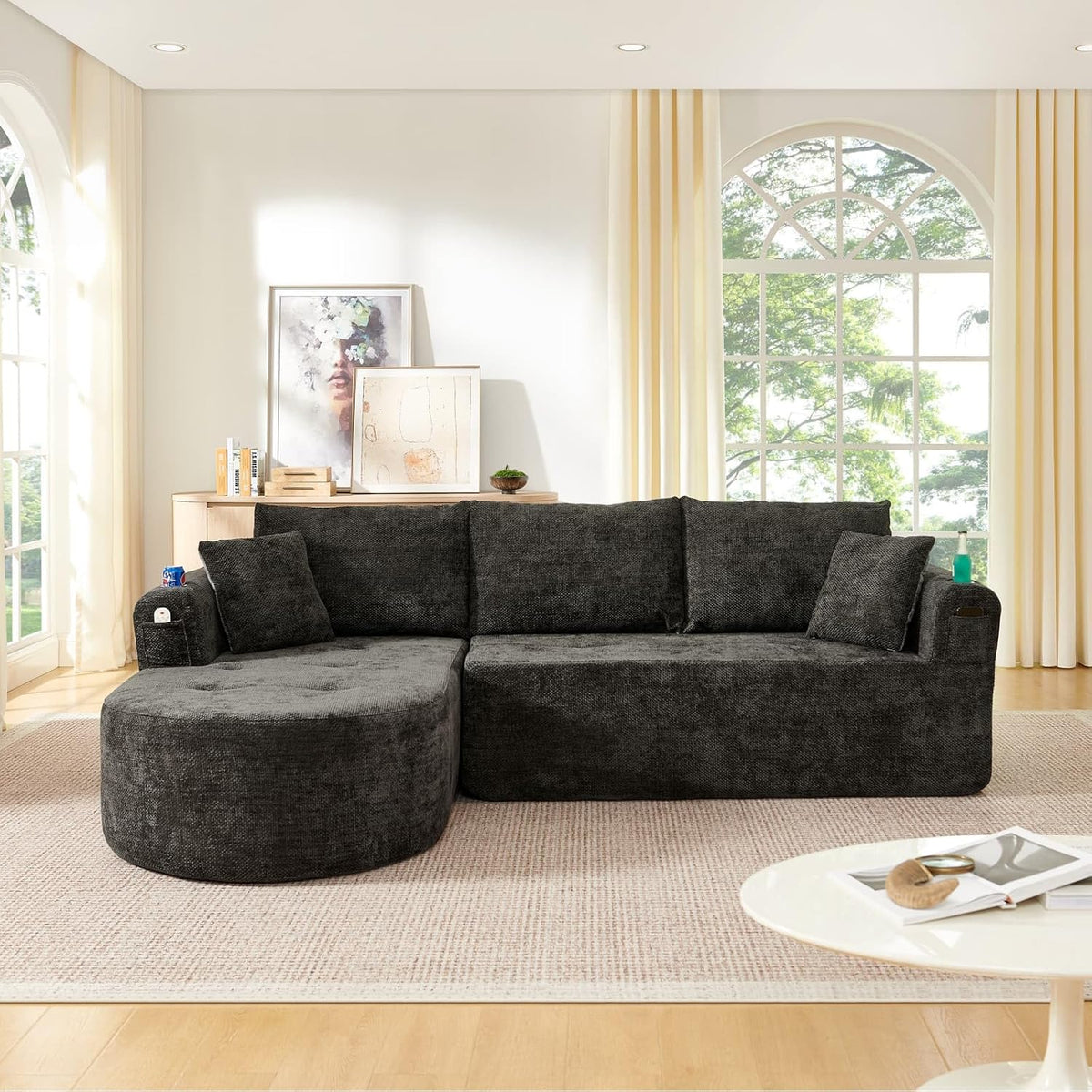 KOMHTOM Sofá Chaise Longue en L con Cojines (Negro)
