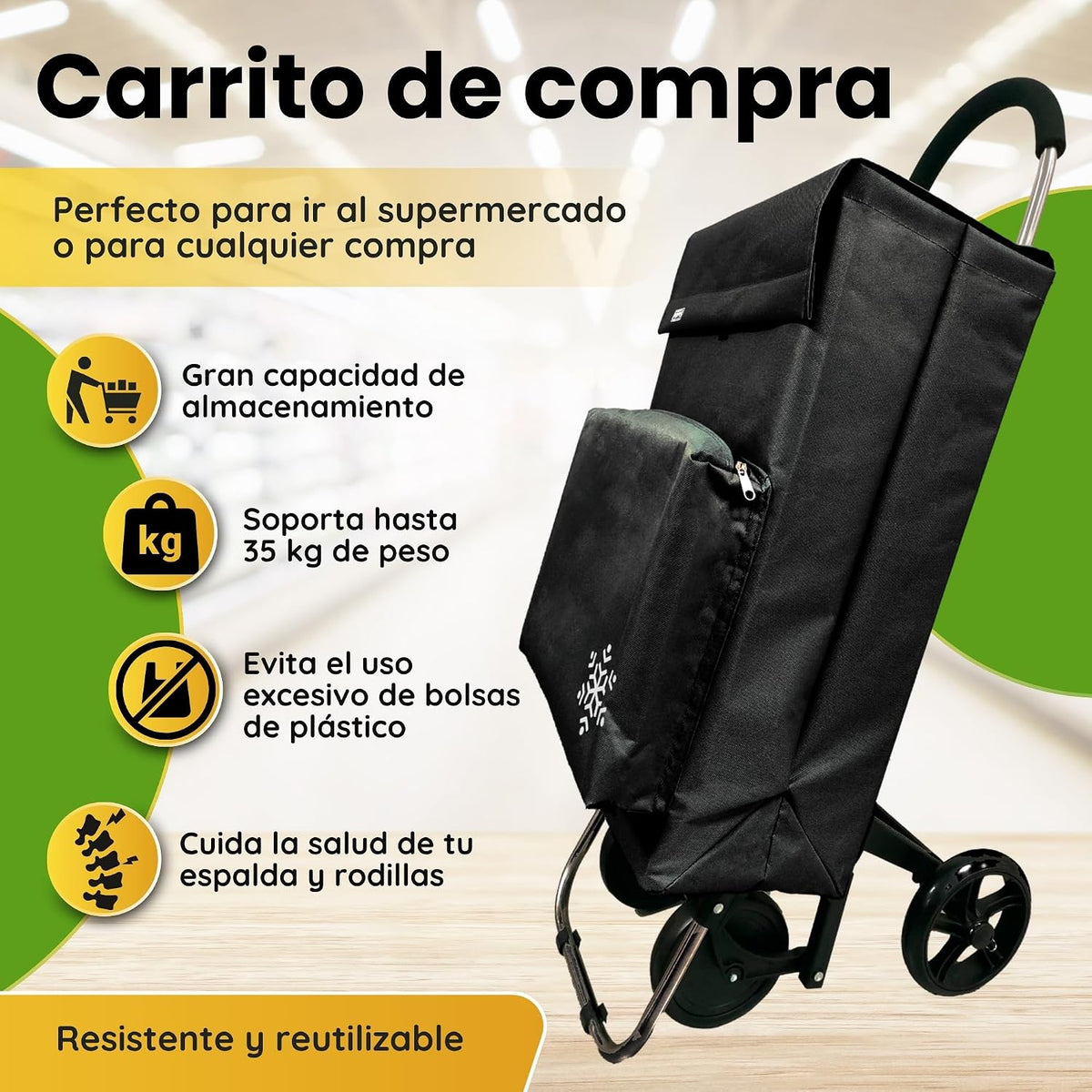 Carro de la Compra de 50L con Compartimento Refrigerante | Carrito Compra de 4 y 2 Ruedas Ideal para Supermercado (Requiere Montaje)