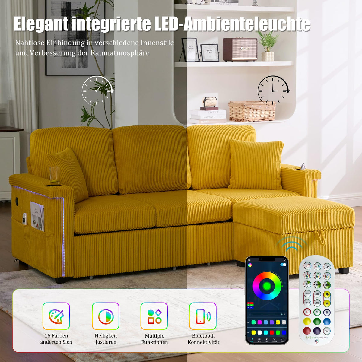 Dolamaní Sofá de terciopelo de 3 plazas con 2 cajones, soporte para bebidas, bolsillos laterales y reposapiés para sala de estar, dormitorio y oficina (beige)