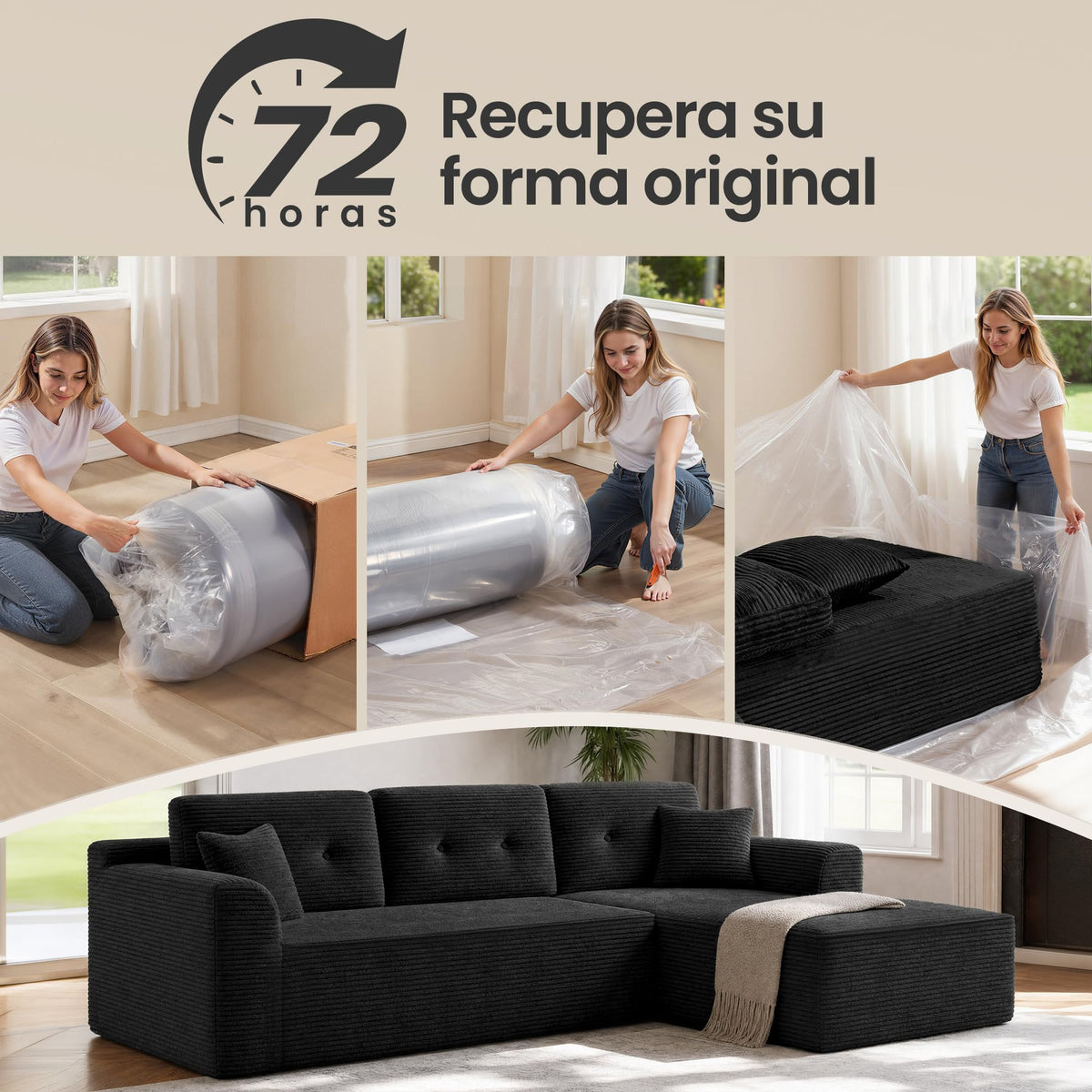 VASAGLE Sofá con Chaise Longue, Esquinero de Pana, Diseño Modular de 3 Plazas, 242 x 152 x 73 cm, Negro, para Salón, Colección Camila LCS183B101