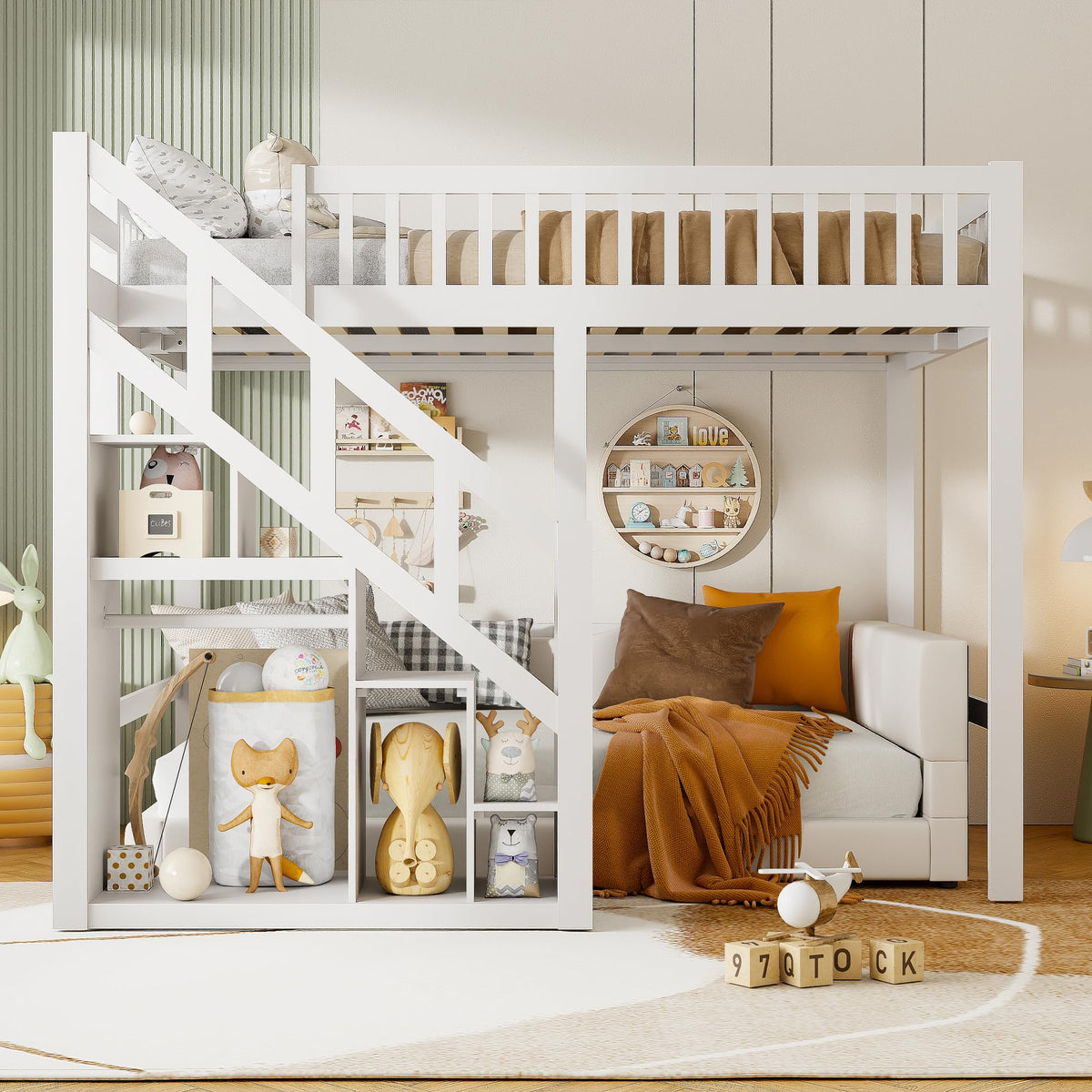 Cama alta, cama infantil, marco de cama con escalera, diseño de valla alta, almacenamiento, somier de láminas y zona de suspensión abierta, para niños y adolescentes, blanco (90x200 cm)
