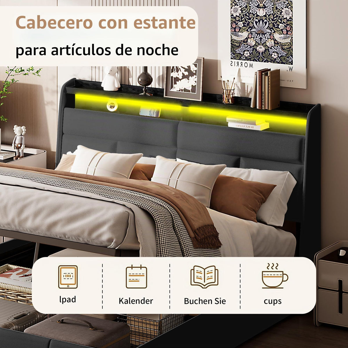 Cama tapizada de 160 x 200 cm, cama doble LED con espacio de almacenamiento, cabecero y función de carga USB C, cama de almacenamiento hidráulico, respaldo con somier de láminas de madera