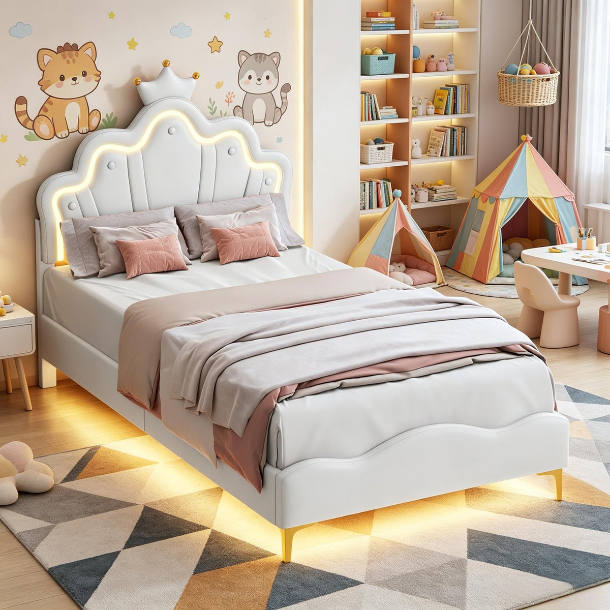 Cama Infantil tapizada 140 x 200 cm con LED, Cama tapizada para niños 140 x 200 con cabecera Ajustable Marco de Camas, Camas de Princesa para Niña en Forma de Corona con Somier(Rosa, 140 x 200)