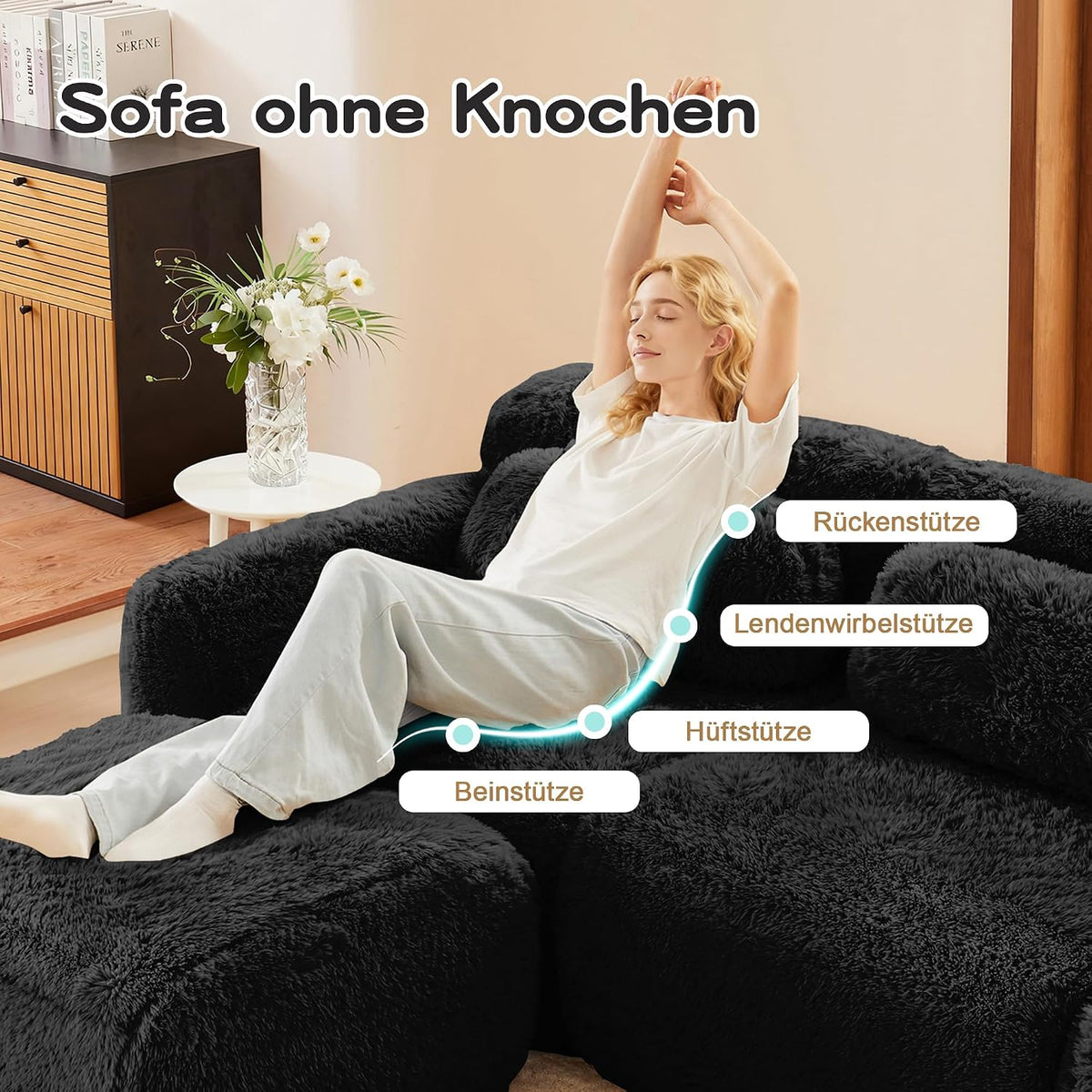 Sofá modular combinable en forma de L de 4 plazas, tejido de felpa con cojines, espuma de alta elasticidad, diseño chaise longue para salón o dormitorio (negro)