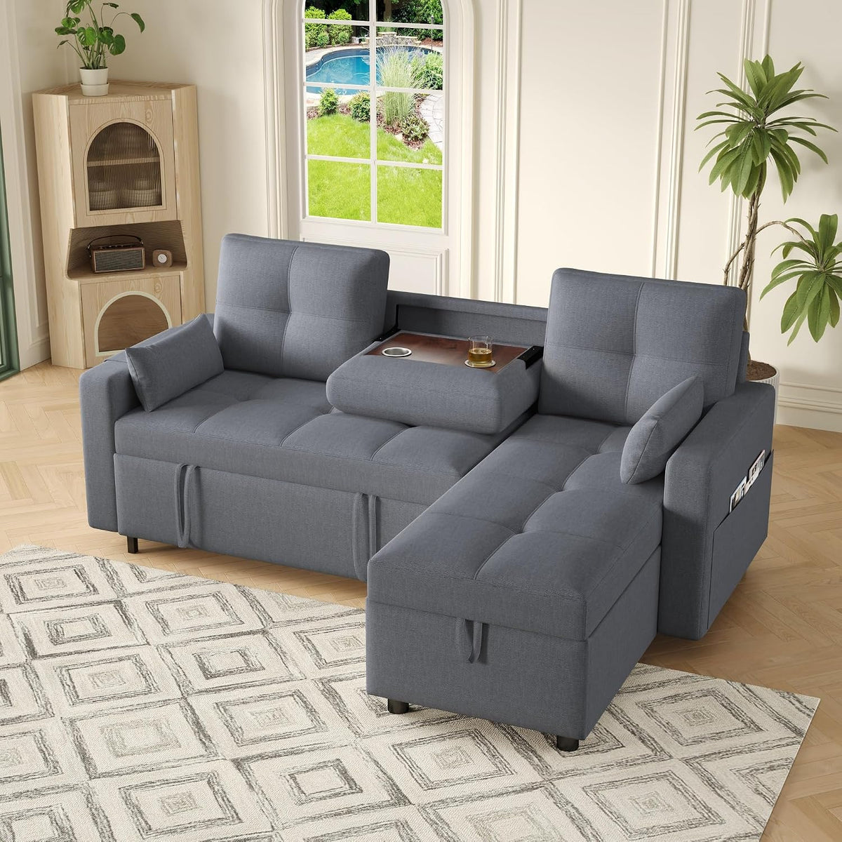 Bladez Sofá cama extensible en forma de L de lino con espacio de almacenamiento, soporte para bebidas, sofá modular de 3 plazas para salón (gris)