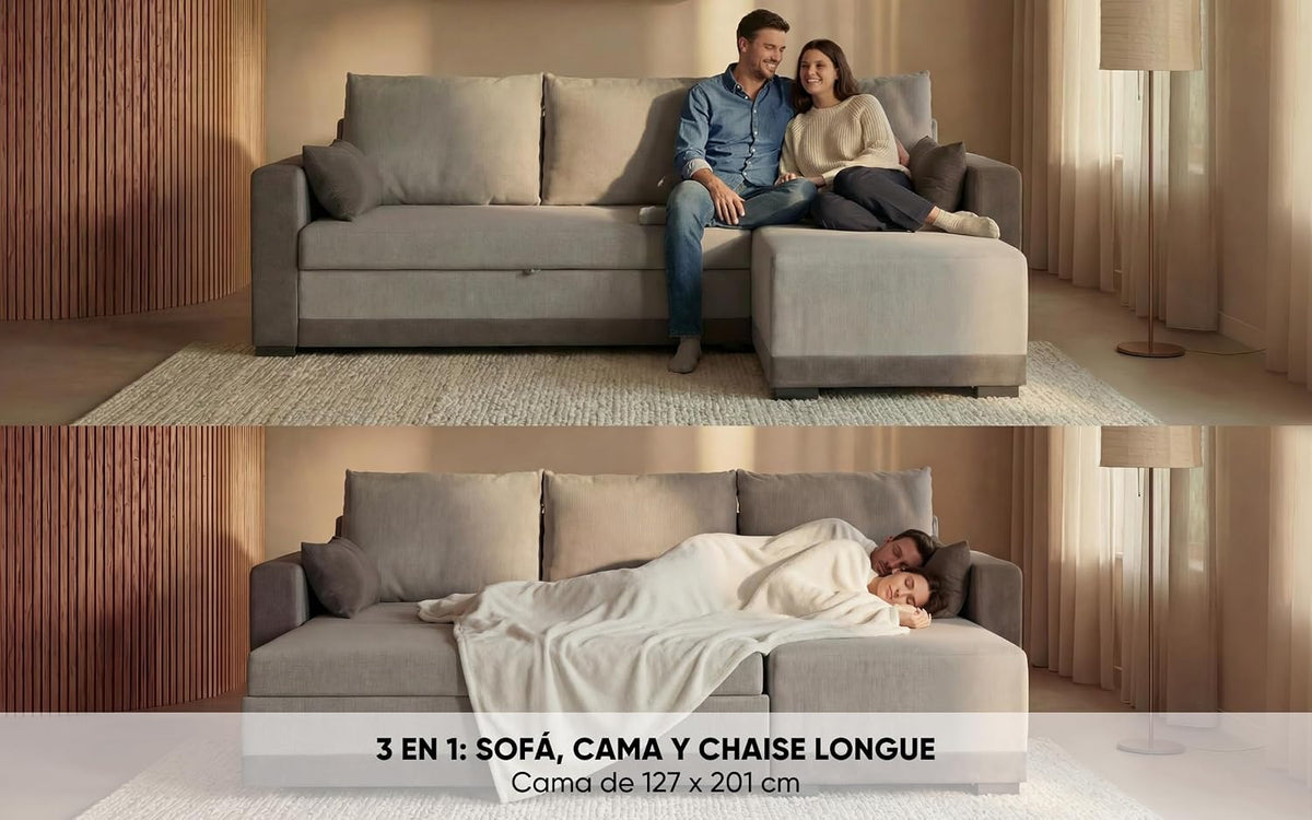 BUDWING Leah Sofá Cama Esquinero 3 Plazas - Chaise Longue Reversible y 2 Cojines Decorativos – Tapizado en Poliéster – Estilo Moderno – 233x124x69 cm – Gris Bicolor
