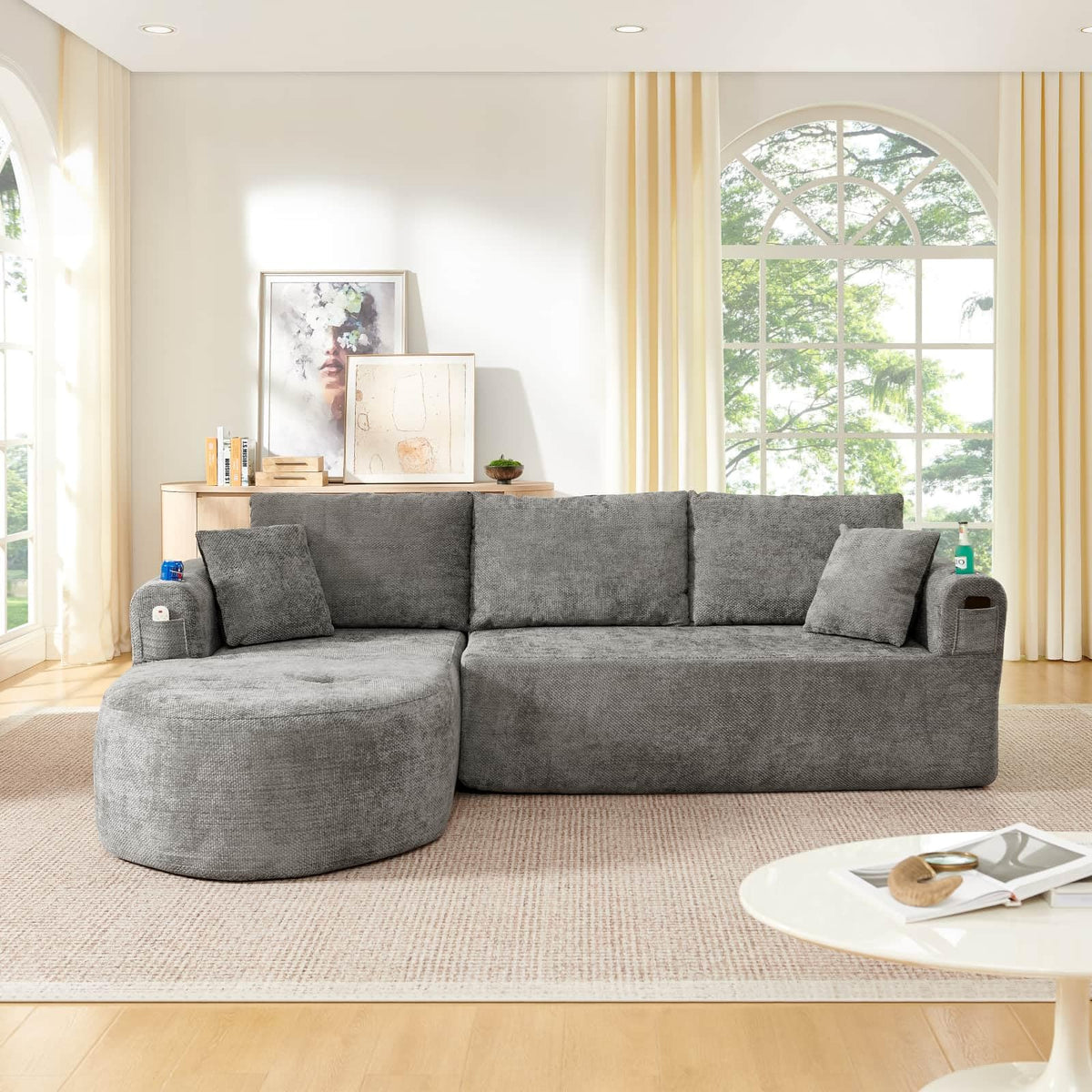 KOMHTOM Sofá Chaise Longue en L con Cojines (Negro)