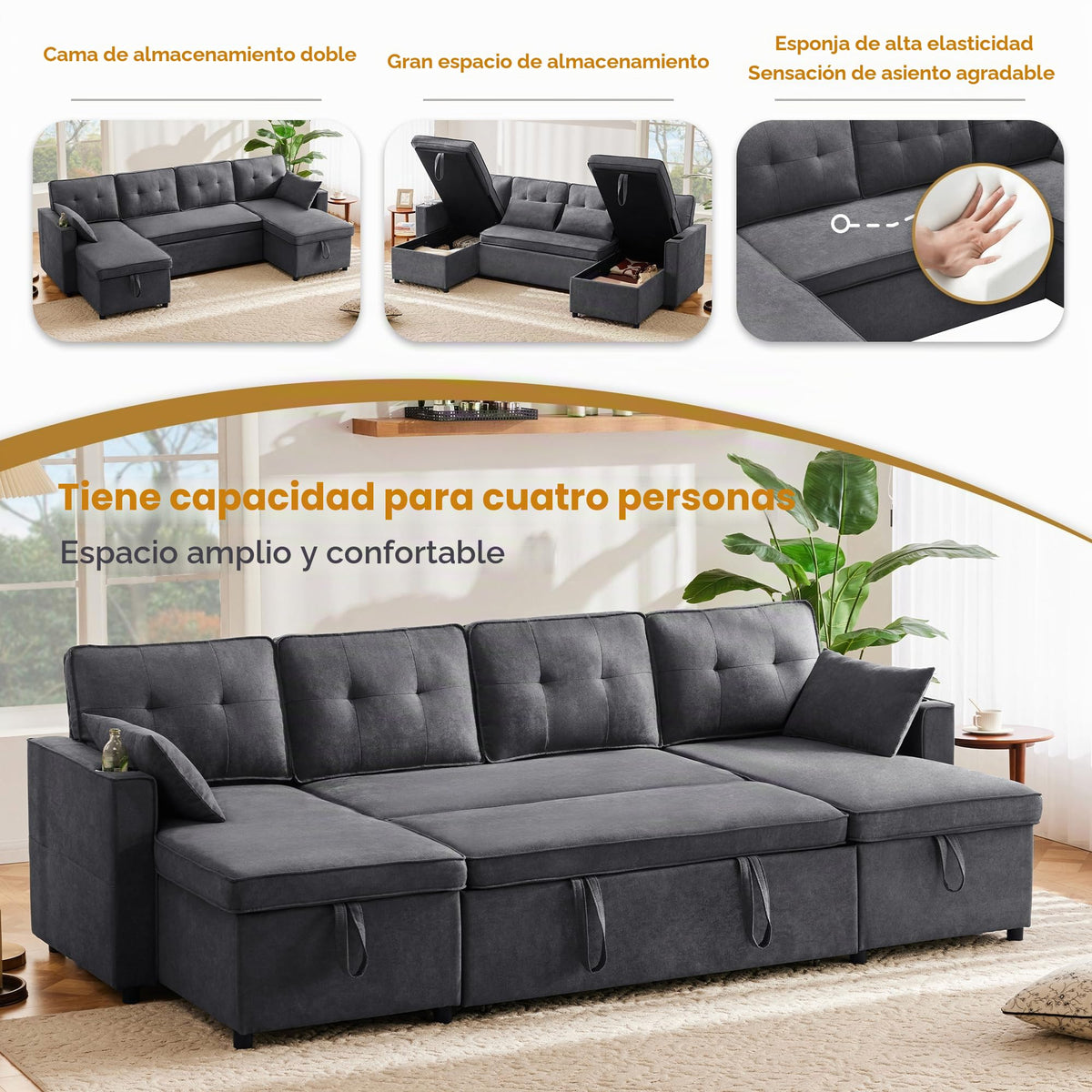 Sapgaks Sofá Seccional en U Moderno,Sofá 4 plazas,Mueble Acolchado de diseño Moderno,Tela de Chenilla (Beige)