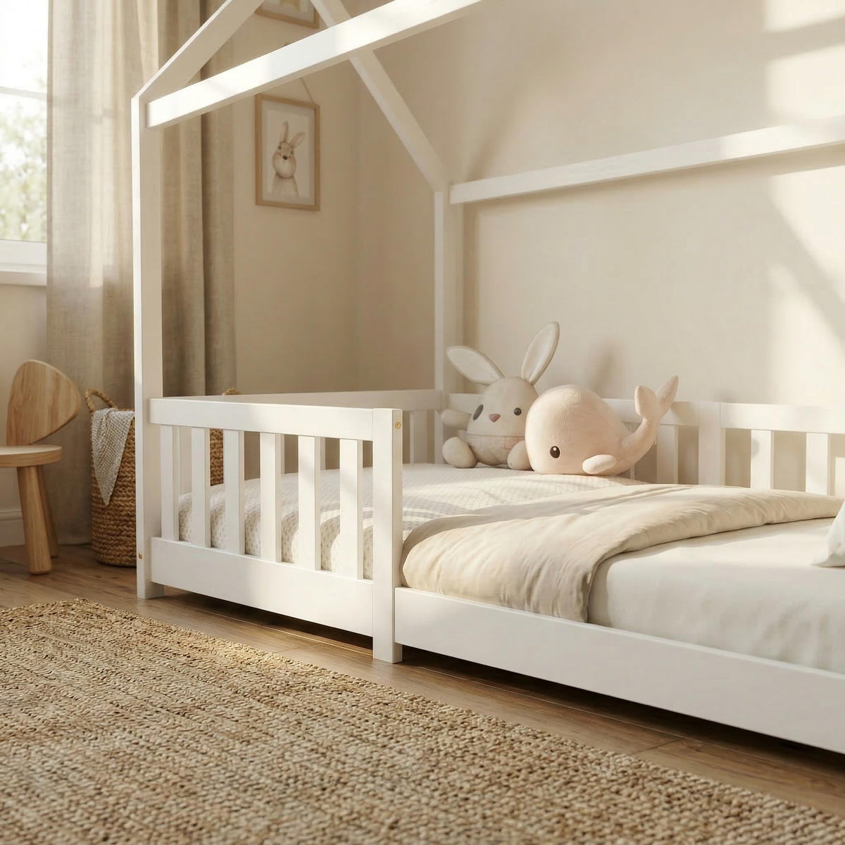 ecomi® Cama Infantil con Protección Anticaídas, Blanco, 80x160 cm