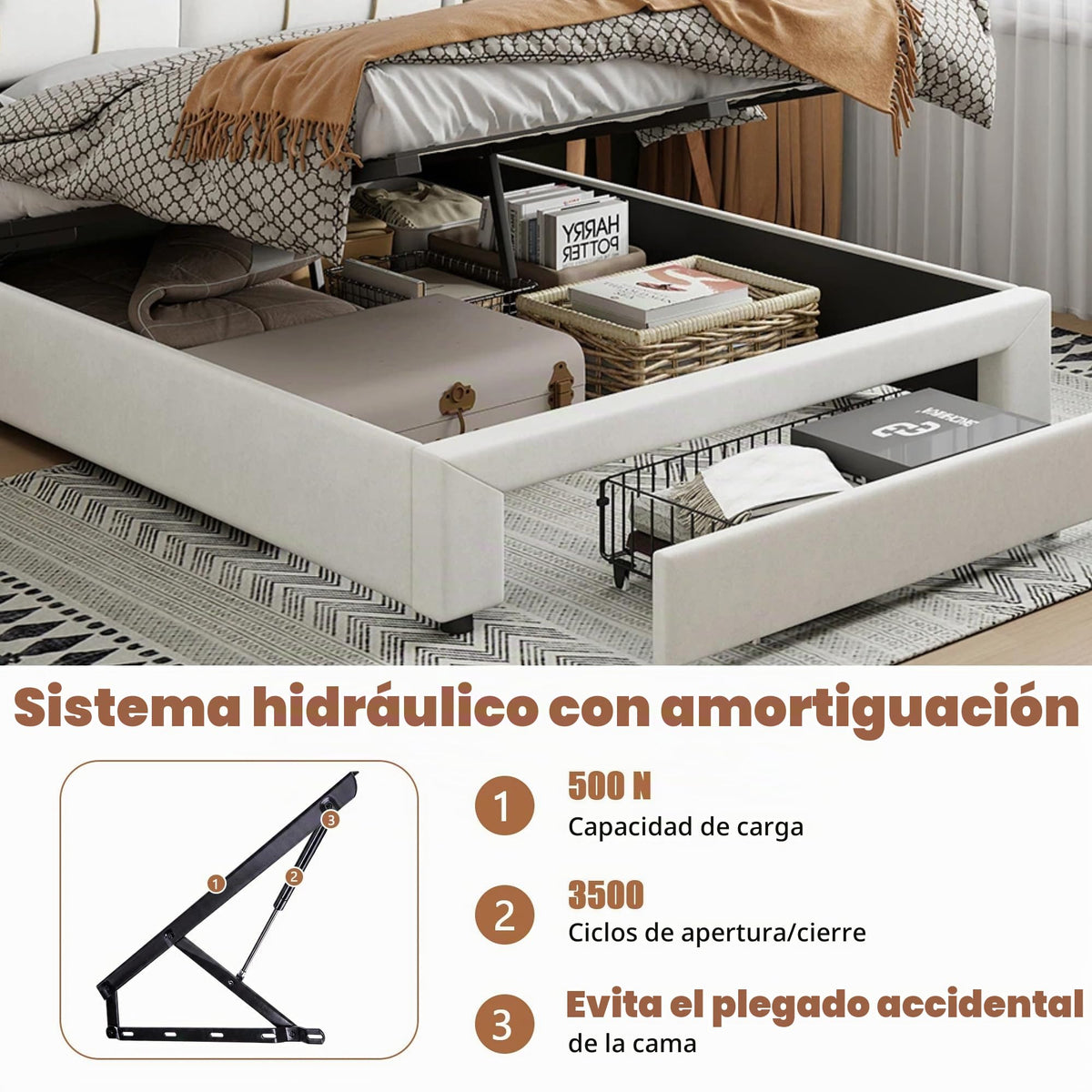 BRILVERDE Cama Tapizada 160x200 con Almacenamiento, Cama matrimonial con cajones, Cama Nido con LED, Cabecero Acolchado y Base de Láminas, Terciopelo (Beige, 160 x 200 cm)