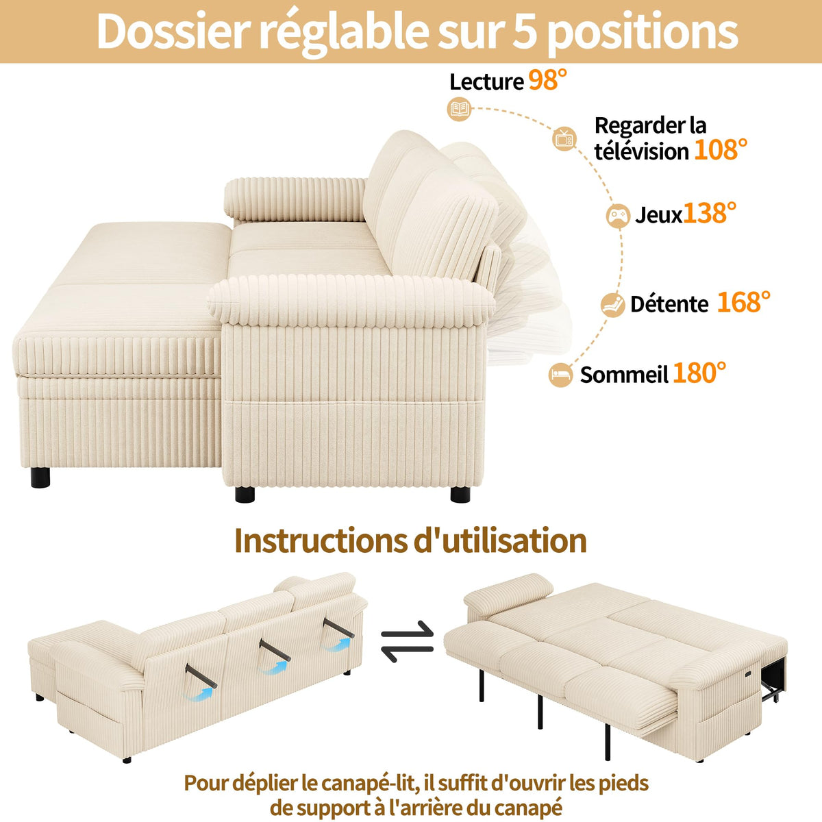 Sofá modular de 3 plazas con función cama extensible y USB/Type-C, sofá esquinero en forma de L con reposacabezas semifijos y compartimento de almacenamiento, sofás con chaise longue