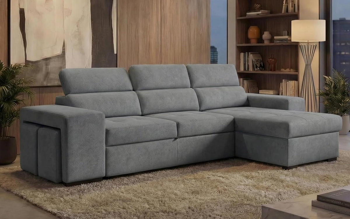 BUDWING John Sofá Cama Esquinero 4 Plazas - Chaise Longue Reversible, Reposacabezas Ajustable y 2 Pufs – Tapizado en Poliéster – Estilo Moderno – 263x161x96 cm – Gris Claro