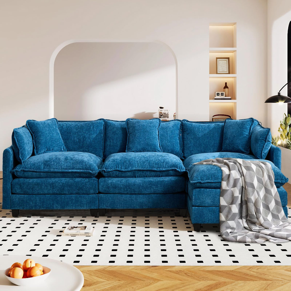 Sofá de salón modular 4 plazas 380cm, chenilla azul con cojines dobles